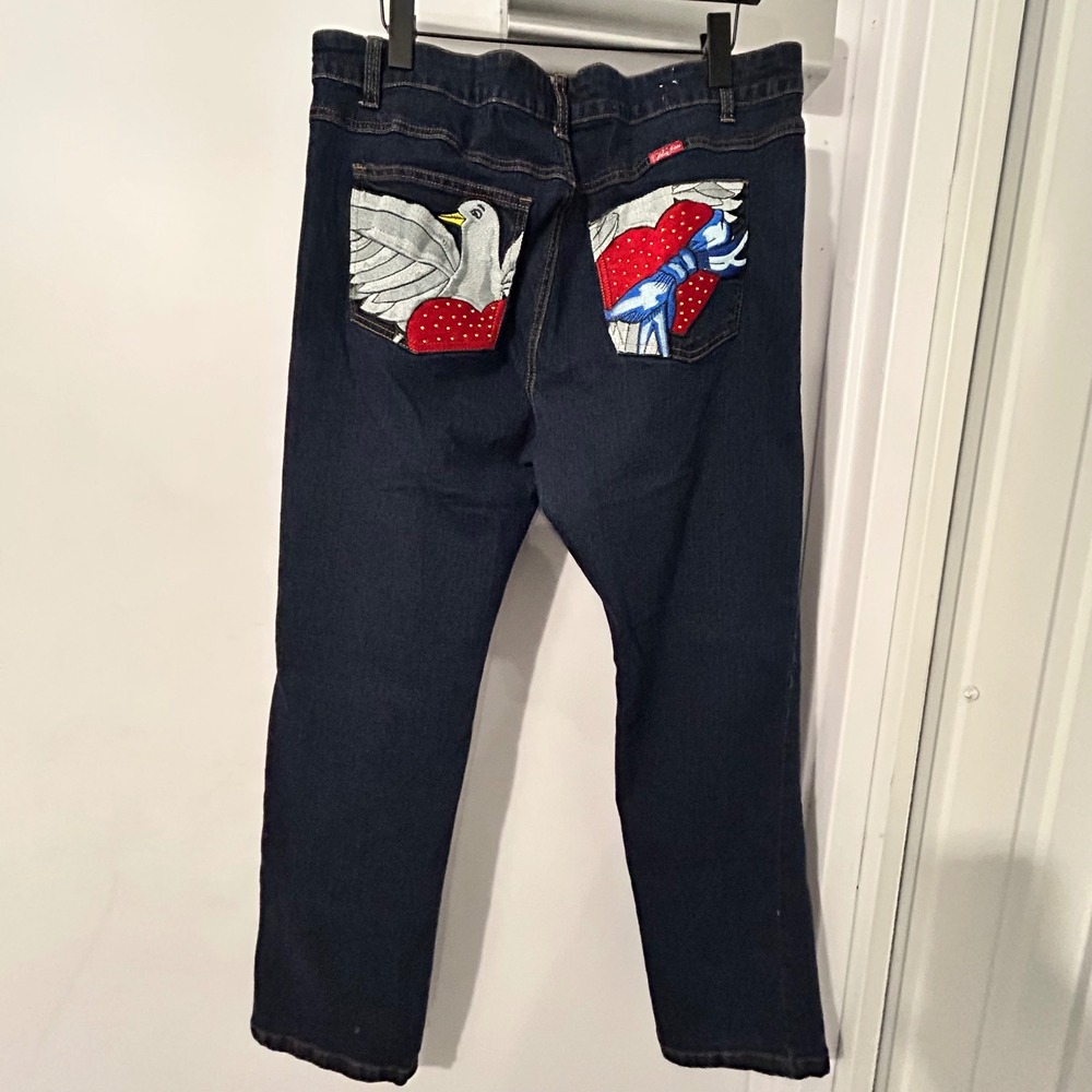 Paco Jeans Mens Dark Wash Embroidered Dove Heart Streetwear Straight Leg Jeans